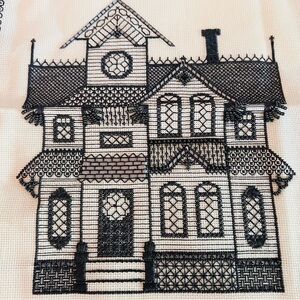 Victorian House Blackwork Embroidery with Beads.